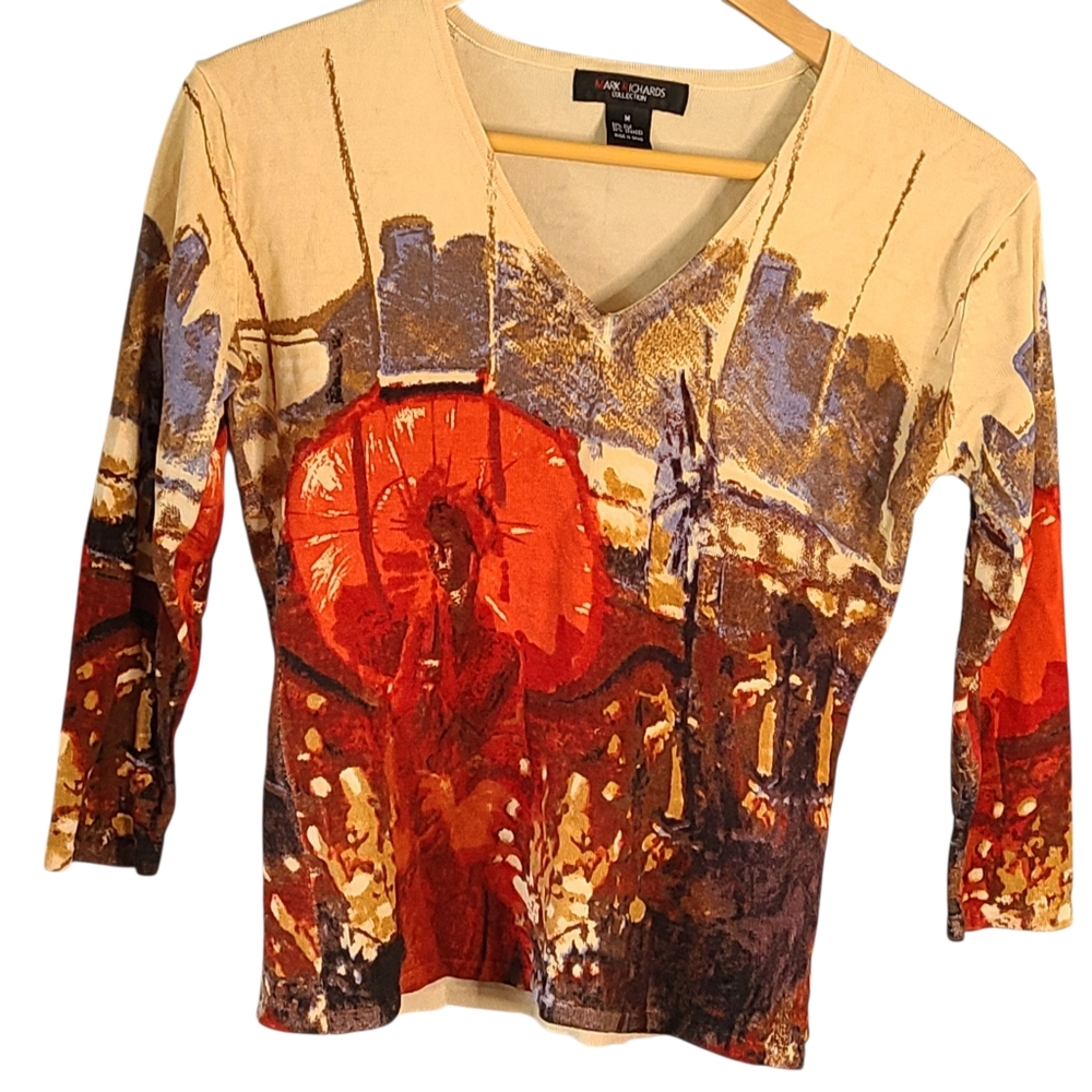 Mark Richards Colorful V-Neck Silk Artistic Sweater